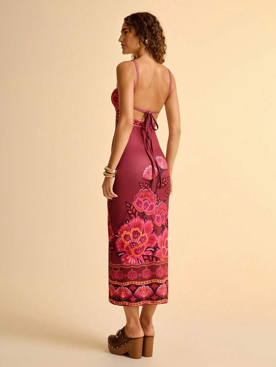 CAJUNI Vestido Curto Bodycon Estampado com Flores Tropicais Rosa, Sem Alças e Sem Costas, para Férias Casuais Femininas