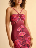 CAJUNI Vestido Curto Bodycon Estampado com Flores Tropicais Rosa, Sem Alças e Sem Costas, para Férias Casuais Femininas