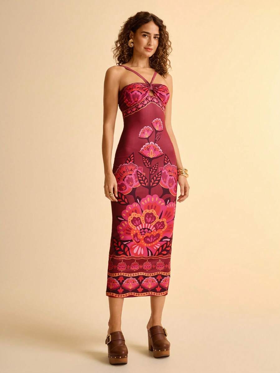 CAJUNI Vestido Curto Bodycon Estampado com Flores Tropicais Rosa, Sem Alças e Sem Costas, para Férias Casuais Femininas