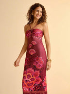 CAJUNI Vestido Curto Bodycon Estampado com Flores Tropicais Rosa, Sem Alças e Sem Costas, para Férias Casuais Femininas