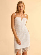 CAJUNI Vestido Sexy Feminino de Alça Curto com Decote em V e Franjas