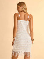 CAJUNI Vestido Sexy Feminino de Alça Curto com Decote em V e Franjas