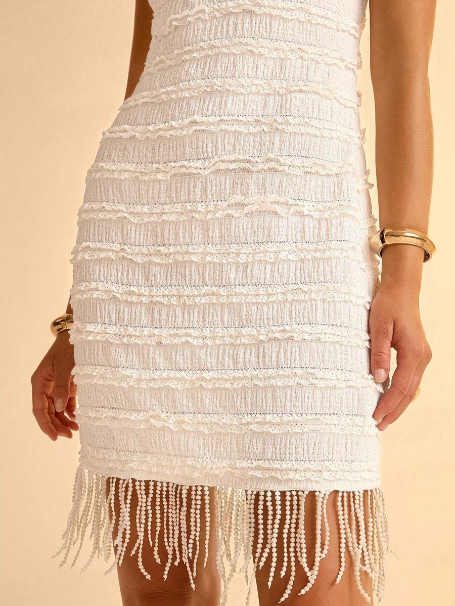 CAJUNI Vestido Sexy Feminino de Alça Curto com Decote em V e Franjas