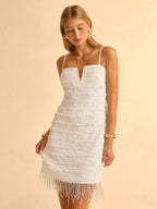 CAJUNI Vestido Sexy Feminino de Alça Curto com Decote em V e Franjas