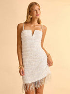 CAJUNI Vestido Sexy Feminino de Alça Curto com Decote em V e Franjas