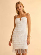 CAJUNI Vestido Sexy Feminino de Alça Curto com Decote em V e Franjas