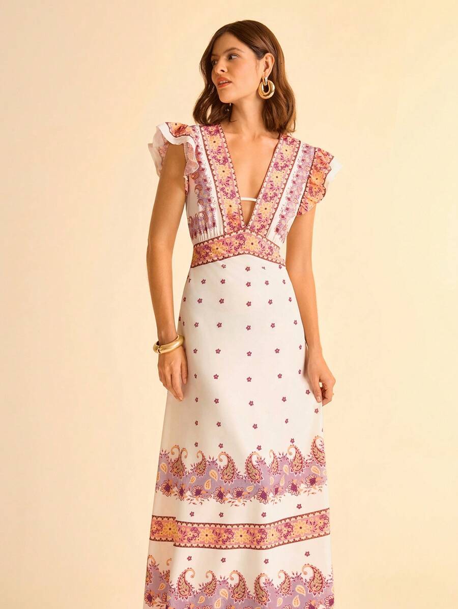 CAJUNI Vestido Longo Maximalista Feminino com Estampa Colorida Boho, Decote em V, Costas Vazadas, Manga Curta, Cintura Ajustada e Silhueta em A, Bege Estilo Férias