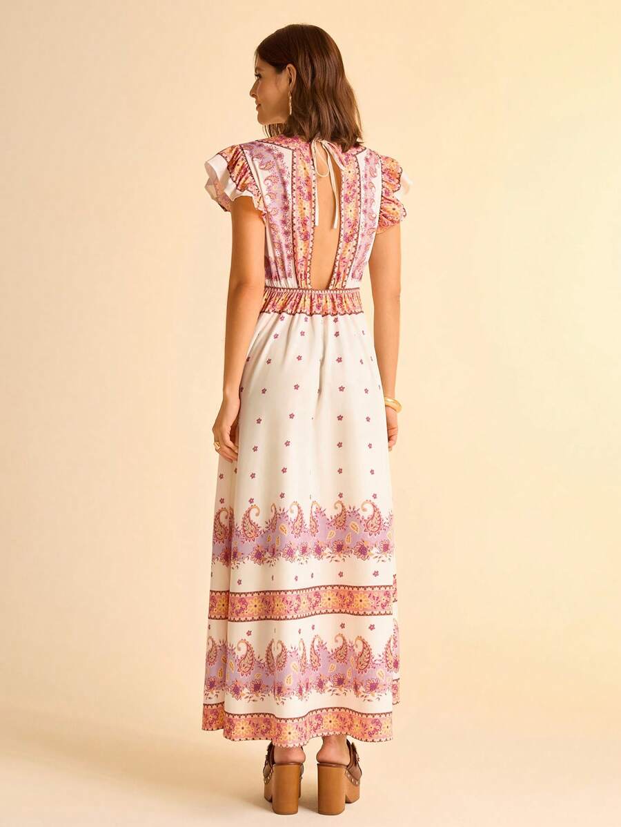 CAJUNI Vestido Longo Maximalista Feminino com Estampa Colorida Boho, Decote em V, Costas Vazadas, Manga Curta, Cintura Ajustada e Silhueta em A, Bege Estilo Férias