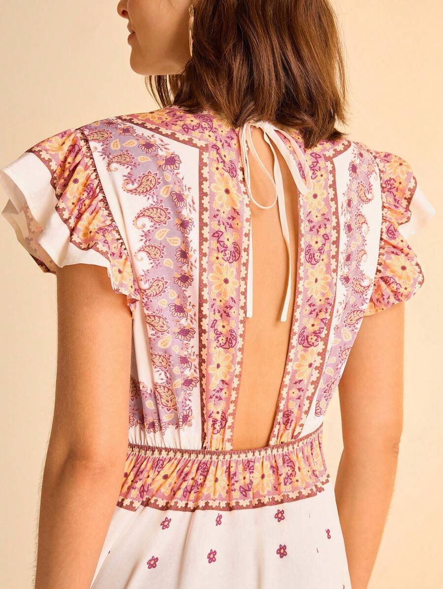CAJUNI Vestido Longo Maximalista Feminino com Estampa Colorida Boho, Decote em V, Costas Vazadas, Manga Curta, Cintura Ajustada e Silhueta em A, Bege Estilo Férias