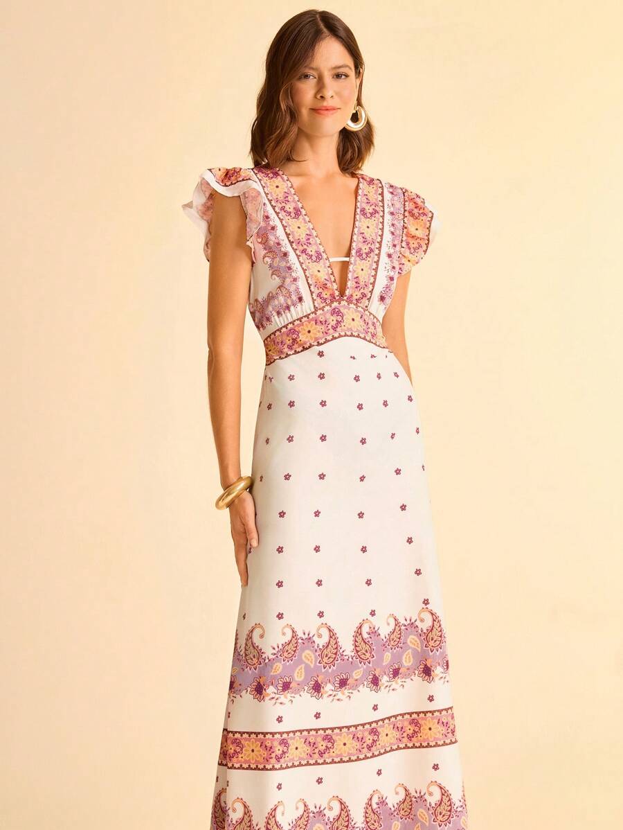 CAJUNI Vestido Longo Maximalista Feminino com Estampa Colorida Boho, Decote em V, Costas Vazadas, Manga Curta, Cintura Ajustada e Silhueta em A, Bege Estilo Férias