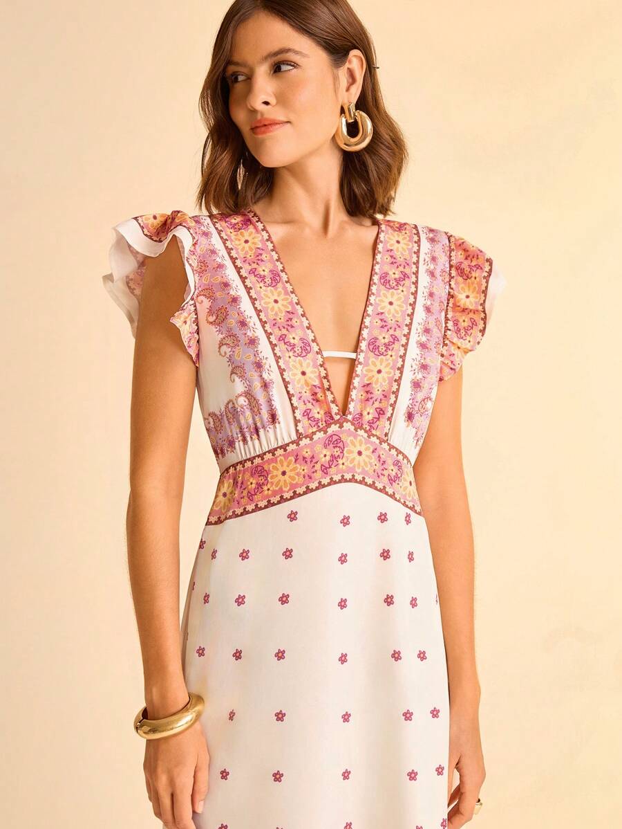 CAJUNI Vestido Longo Maximalista Feminino com Estampa Colorida Boho, Decote em V, Costas Vazadas, Manga Curta, Cintura Ajustada e Silhueta em A, Bege Estilo Férias