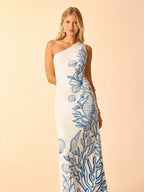 CAJUNI Vestido Casual de Férias com Decote Assimétrico e Cintura com Laço, Estampa Tropical, Oceano Azul, Conchas, Cavalo-Marinho e Coral, Midi