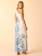 CAJUNI Vestido Casual de Férias com Decote Assimétrico e Cintura com Laço, Estampa Tropical, Oceano Azul, Conchas, Cavalo-Marinho e Coral, Midi