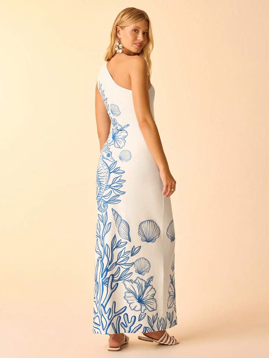 CAJUNI Vestido Casual de Férias com Decote Assimétrico e Cintura com Laço, Estampa Tropical, Oceano Azul, Conchas, Cavalo-Marinho e Coral, Midi