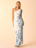 CAJUNI Vestido Casual de Férias com Decote Assimétrico e Cintura com Laço, Estampa Tropical, Oceano Azul, Conchas, Cavalo-Marinho e Coral, Midi