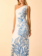 CAJUNI Vestido Casual de Férias com Decote Assimétrico e Cintura com Laço, Estampa Tropical, Oceano Azul, Conchas, Cavalo-Marinho e Coral, Midi