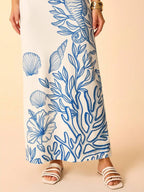 CAJUNI Vestido Casual de Férias com Decote Assimétrico e Cintura com Laço, Estampa Tropical, Oceano Azul, Conchas, Cavalo-Marinho e Coral, Midi