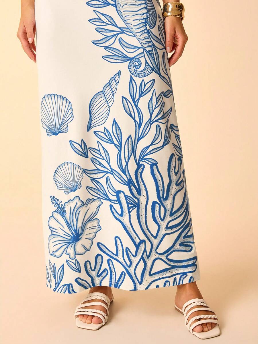 CAJUNI Vestido Casual de Férias com Decote Assimétrico e Cintura com Laço, Estampa Tropical, Oceano Azul, Conchas, Cavalo-Marinho e Coral, Midi