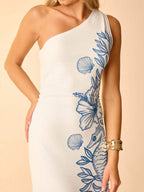 CAJUNI Vestido Casual de Férias com Decote Assimétrico e Cintura com Laço, Estampa Tropical, Oceano Azul, Conchas, Cavalo-Marinho e Coral, Midi