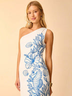 CAJUNI Vestido Casual de Férias com Decote Assimétrico e Cintura com Laço, Estampa Tropical, Oceano Azul, Conchas, Cavalo-Marinho e Coral, Midi