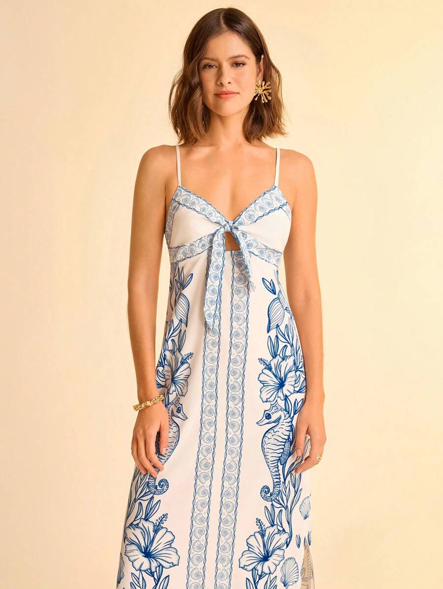 CAJUNI Vestido com Alça Fina e Amarração na Frente com Estampa de Elementos do Oceano Tropical Azul, Vestido Casual de Praia e Férias