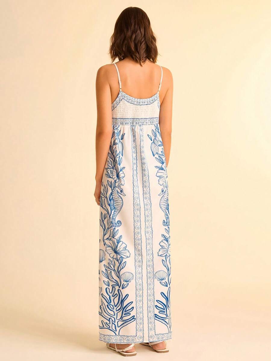 CAJUNI Vestido com Alça Fina e Amarração na Frente com Estampa de Elementos do Oceano Tropical Azul, Vestido Casual de Praia e Férias