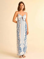 CAJUNI Vestido com Alça Fina e Amarração na Frente com Estampa de Elementos do Oceano Tropical Azul, Vestido Casual de Praia e Férias