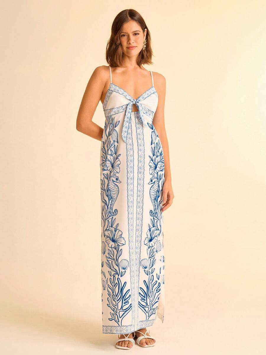 CAJUNI Vestido com Alça Fina e Amarração na Frente com Estampa de Elementos do Oceano Tropical Azul, Vestido Casual de Praia e Férias