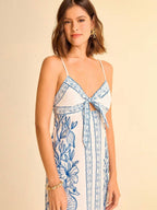 CAJUNI Vestido com Alça Fina e Amarração na Frente com Estampa de Elementos do Oceano Tropical Azul, Vestido Casual de Praia e Férias