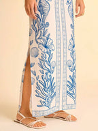 CAJUNI Vestido com Alça Fina e Amarração na Frente com Estampa de Elementos do Oceano Tropical Azul, Vestido Casual de Praia e Férias