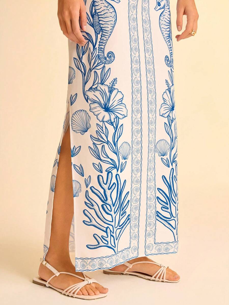 CAJUNI Vestido com Alça Fina e Amarração na Frente com Estampa de Elementos do Oceano Tropical Azul, Vestido Casual de Praia e Férias