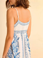 CAJUNI Vestido com Alça Fina e Amarração na Frente com Estampa de Elementos do Oceano Tropical Azul, Vestido Casual de Praia e Férias