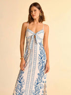 CAJUNI Vestido com Alça Fina e Amarração na Frente com Estampa de Elementos do Oceano Tropical Azul, Vestido Casual de Praia e Férias