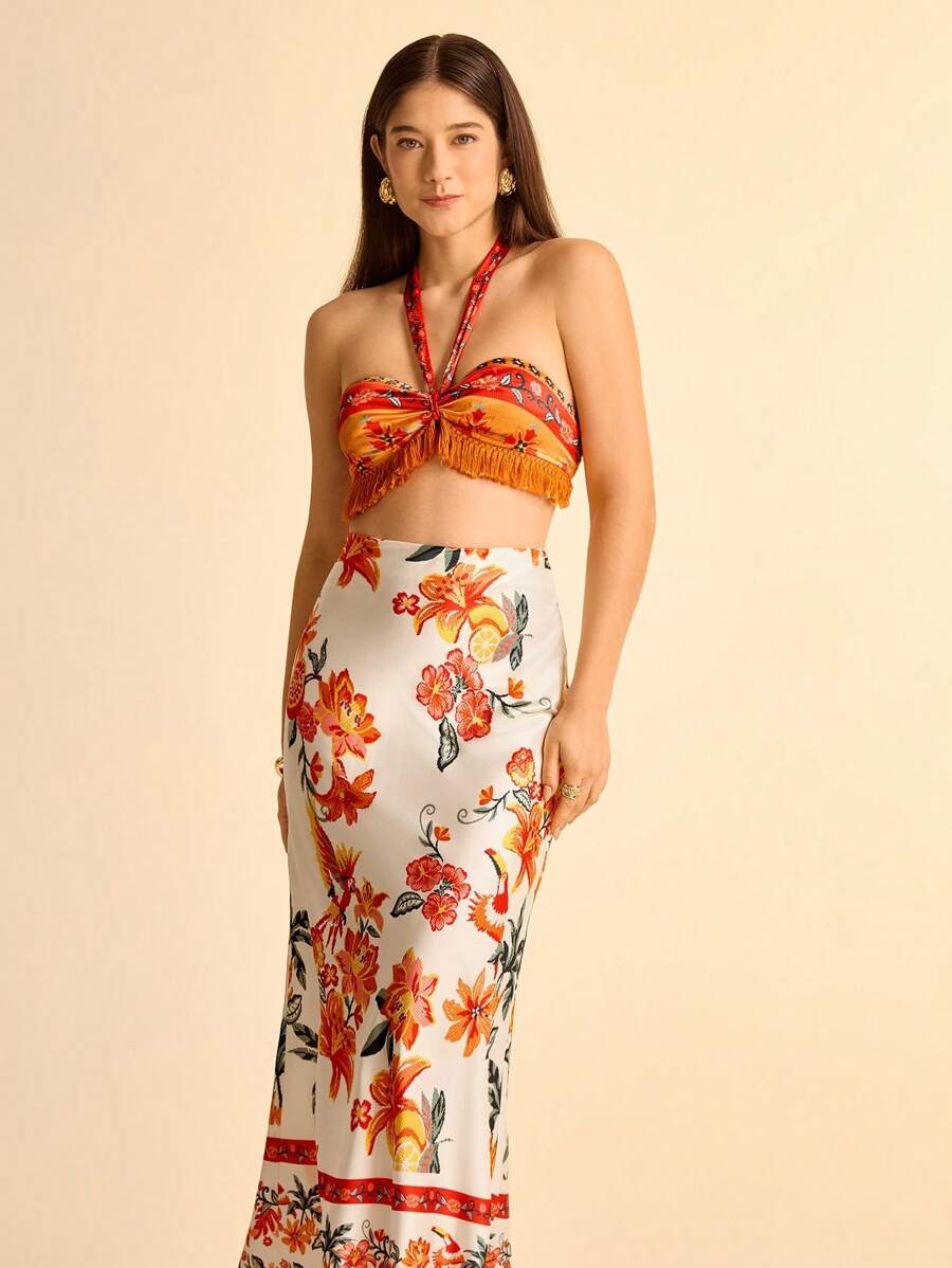 CAJUNI 2 peças/Conjunto Top Halter e Saia Estampa Floral Feminino com Decoração de Borla
