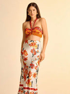 CAJUNI 2 peças/Conjunto Top Halter e Saia Estampa Floral Feminino com Decoração de Borla