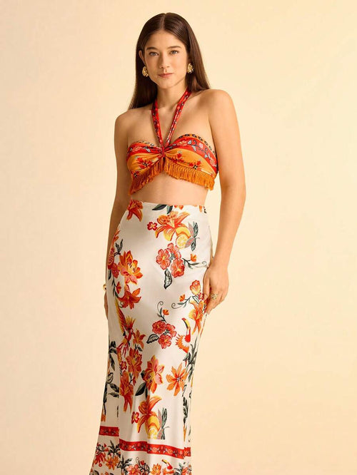 CAJUNI 2 peças/Conjunto Top Halter e Saia Estampa Floral Feminino com Decoração de Borla