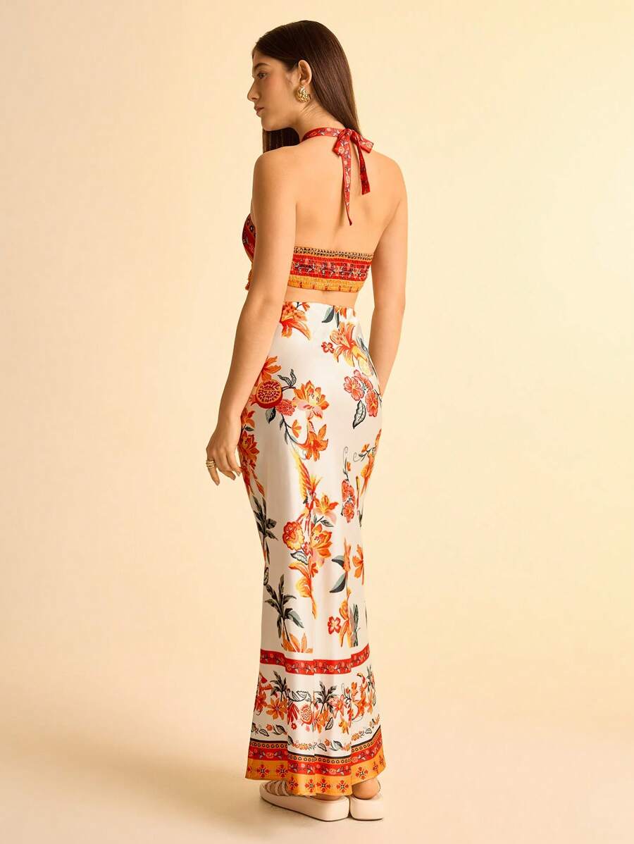 CAJUNI 2 peças/Conjunto Top Halter e Saia Estampa Floral Feminino com Decoração de Borla