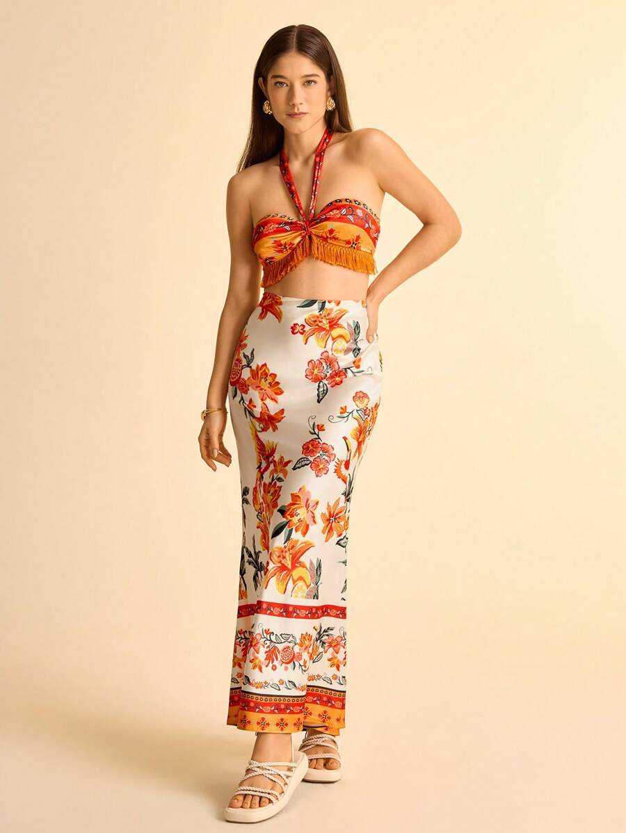 CAJUNI 2 peças/Conjunto Top Halter e Saia Estampa Floral Feminino com Decoração de Borla