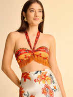 CAJUNI 2 peças/Conjunto Top Halter e Saia Estampa Floral Feminino com Decoração de Borla