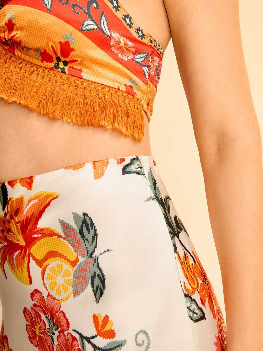 CAJUNI 2 peças/Conjunto Top Halter e Saia Estampa Floral Feminino com Decoração de Borla