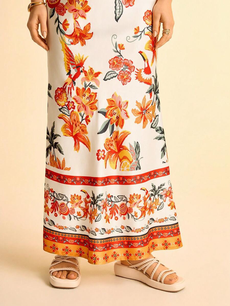 CAJUNI 2 peças/Conjunto Top Halter e Saia Estampa Floral Feminino com Decoração de Borla