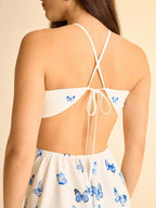 CAJUNI Vestido Longo Boêmio Azul Degradê com Estampa de Borboleta, Decote em Halter, Cordão na Cintura, Aberto, Modelo A, para Praia e Verão