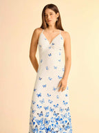 CAJUNI Vestido Longo Mulher Boho Azul Degradê com Borboleta Decote em V Alças Finas Cinturado Modelo A-Line, Vestido Longo Floral Estampado para Férias de Verão