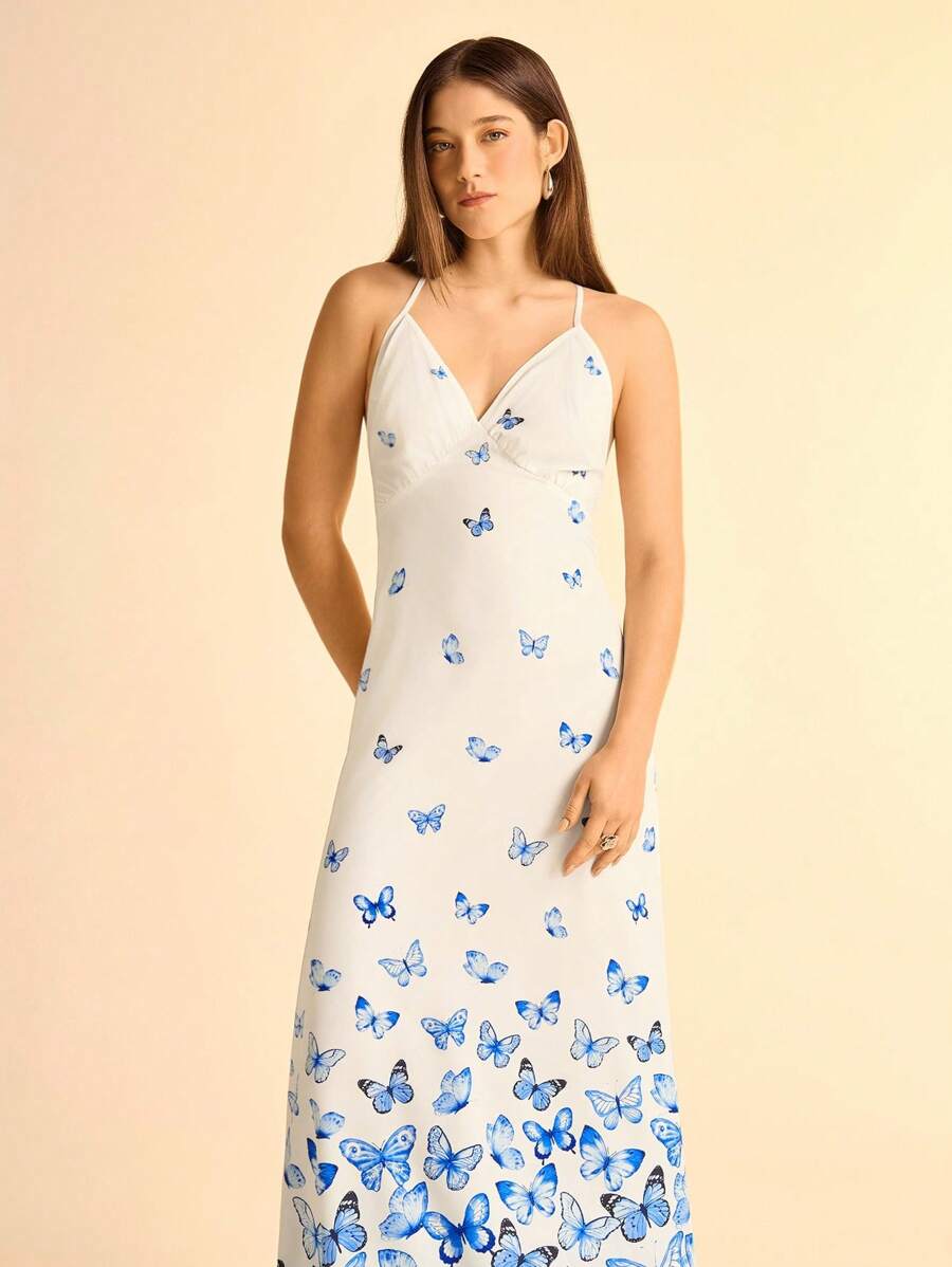 CAJUNI Vestido Longo Mulher Boho Azul Degradê com Borboleta Decote em V Alças Finas Cinturado Modelo A-Line, Vestido Longo Floral Estampado para Férias de Verão