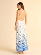 CAJUNI Vestido Longo Mulher Boho Azul Degradê com Borboleta Decote em V Alças Finas Cinturado Modelo A-Line, Vestido Longo Floral Estampado para Férias de Verão