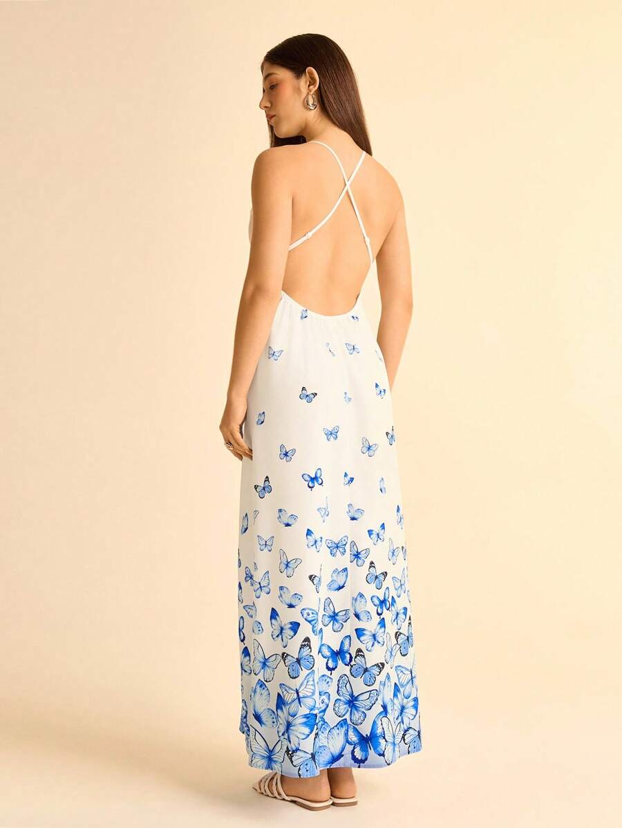 CAJUNI Vestido Longo Mulher Boho Azul Degradê com Borboleta Decote em V Alças Finas Cinturado Modelo A-Line, Vestido Longo Floral Estampado para Férias de Verão