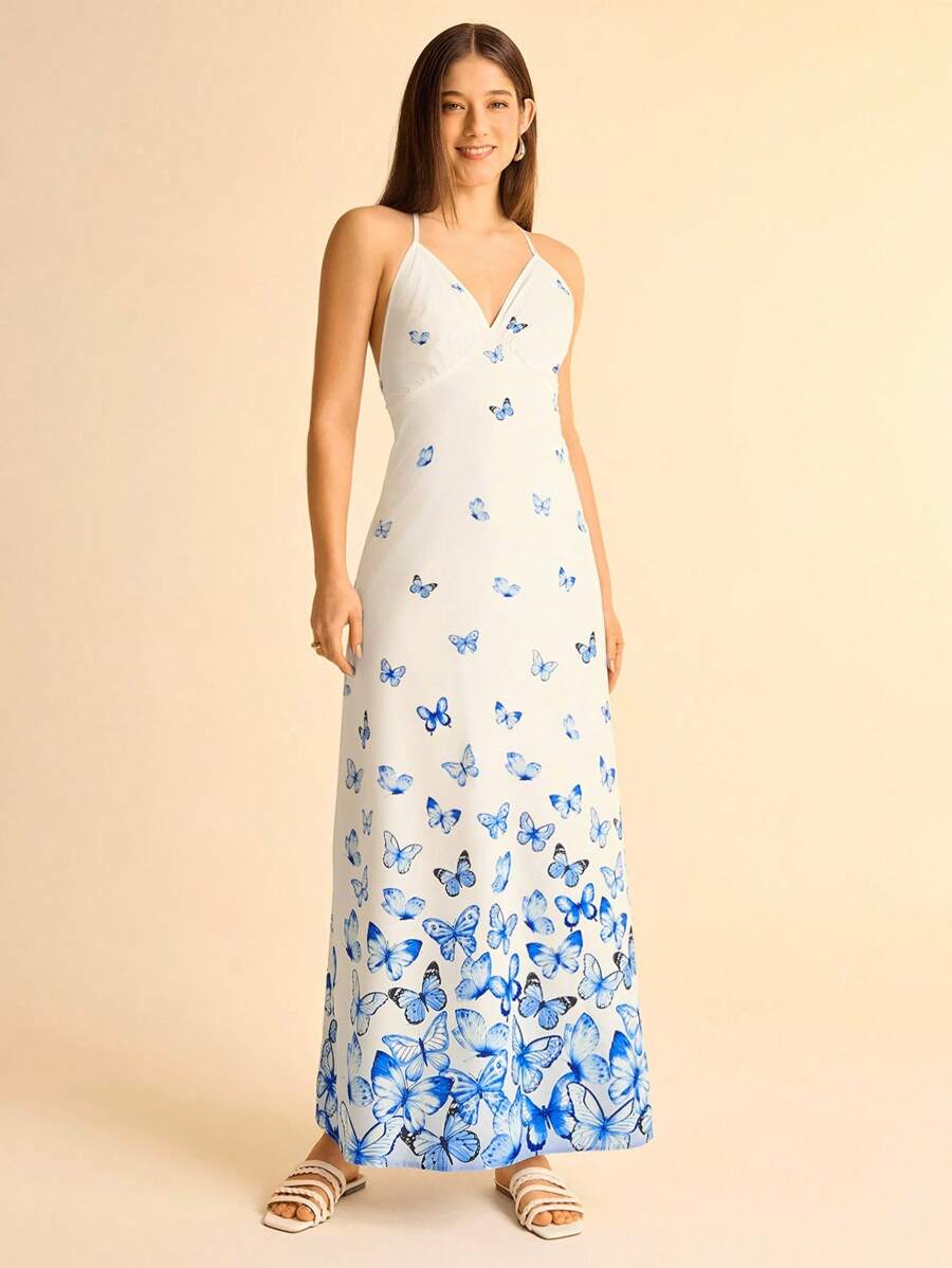 CAJUNI Vestido Longo Mulher Boho Azul Degradê com Borboleta Decote em V Alças Finas Cinturado Modelo A-Line, Vestido Longo Floral Estampado para Férias de Verão