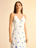 CAJUNI Vestido Longo Mulher Boho Azul Degradê com Borboleta Decote em V Alças Finas Cinturado Modelo A-Line, Vestido Longo Floral Estampado para Férias de Verão
