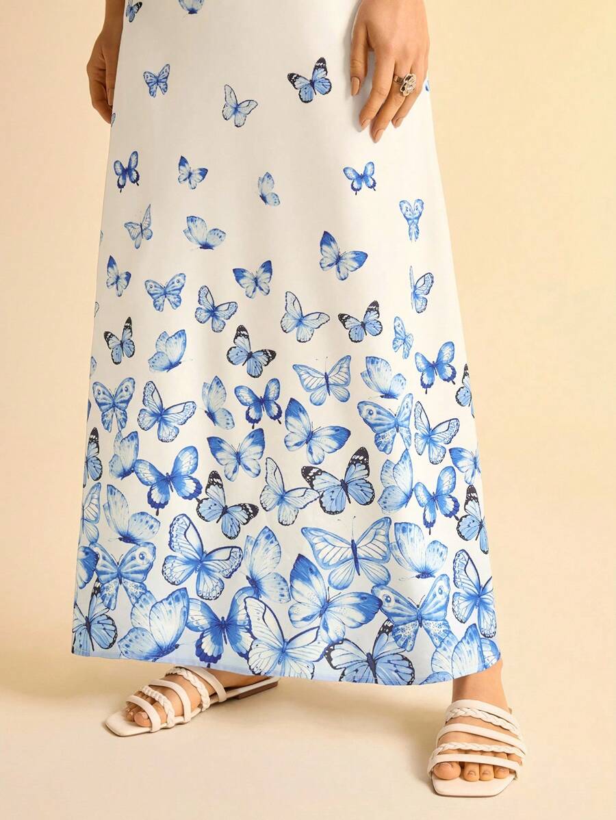 CAJUNI Vestido Longo Mulher Boho Azul Degradê com Borboleta Decote em V Alças Finas Cinturado Modelo A-Line, Vestido Longo Floral Estampado para Férias de Verão