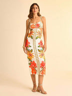 CAJUNI Vestido casual de férias de comprimento médio com estampa floral, alças finas e costas abertas - Roupas boêmias femininas/Roupas ocidentais para mulheres/Gráfico/Casual feminino
